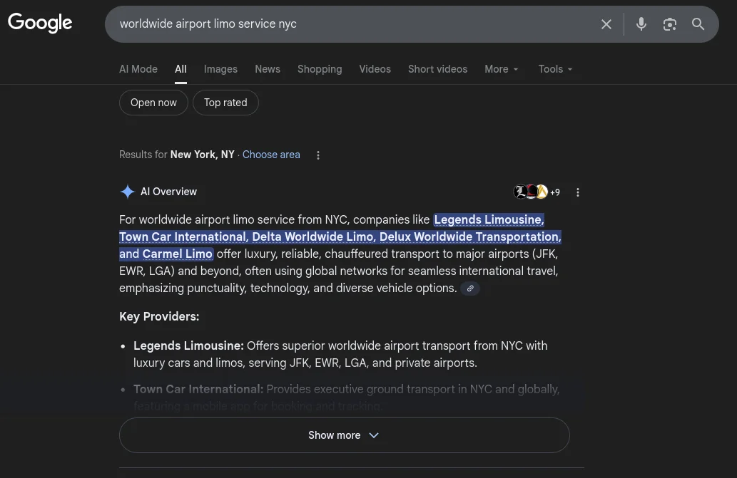 Legends cited in Google AI Overview for luxury transportation