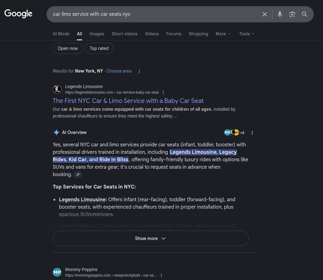 Legends cited in Google AI Overview for corporate car service