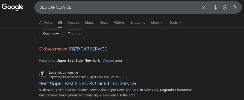Legends #1 on Google Maps for Airport Limo NYC