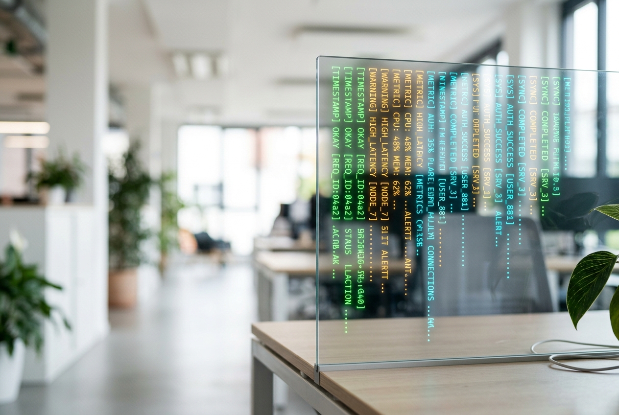 What Role Does Log File Analysis Play in Advanced SEO? Colorful streaming data logs on a transparent glass display panel with vivid green amber and cyan text lines flowing vertically representing log file analysis for advanced SEO