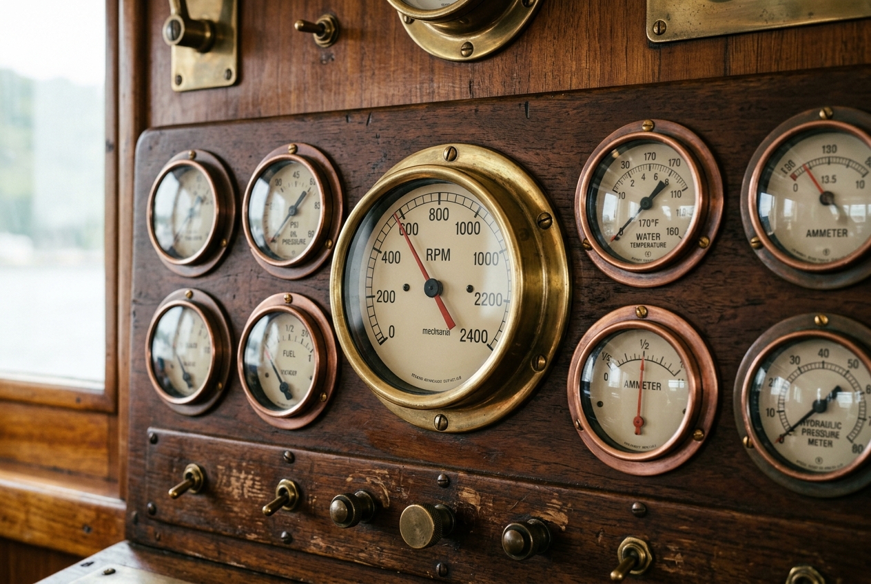 How Do You Measure and Track AI Search Performance? Analog dashboard gauges and dials on a wooden control panel showing various readings in warm natural tones representing AI search performance measurement