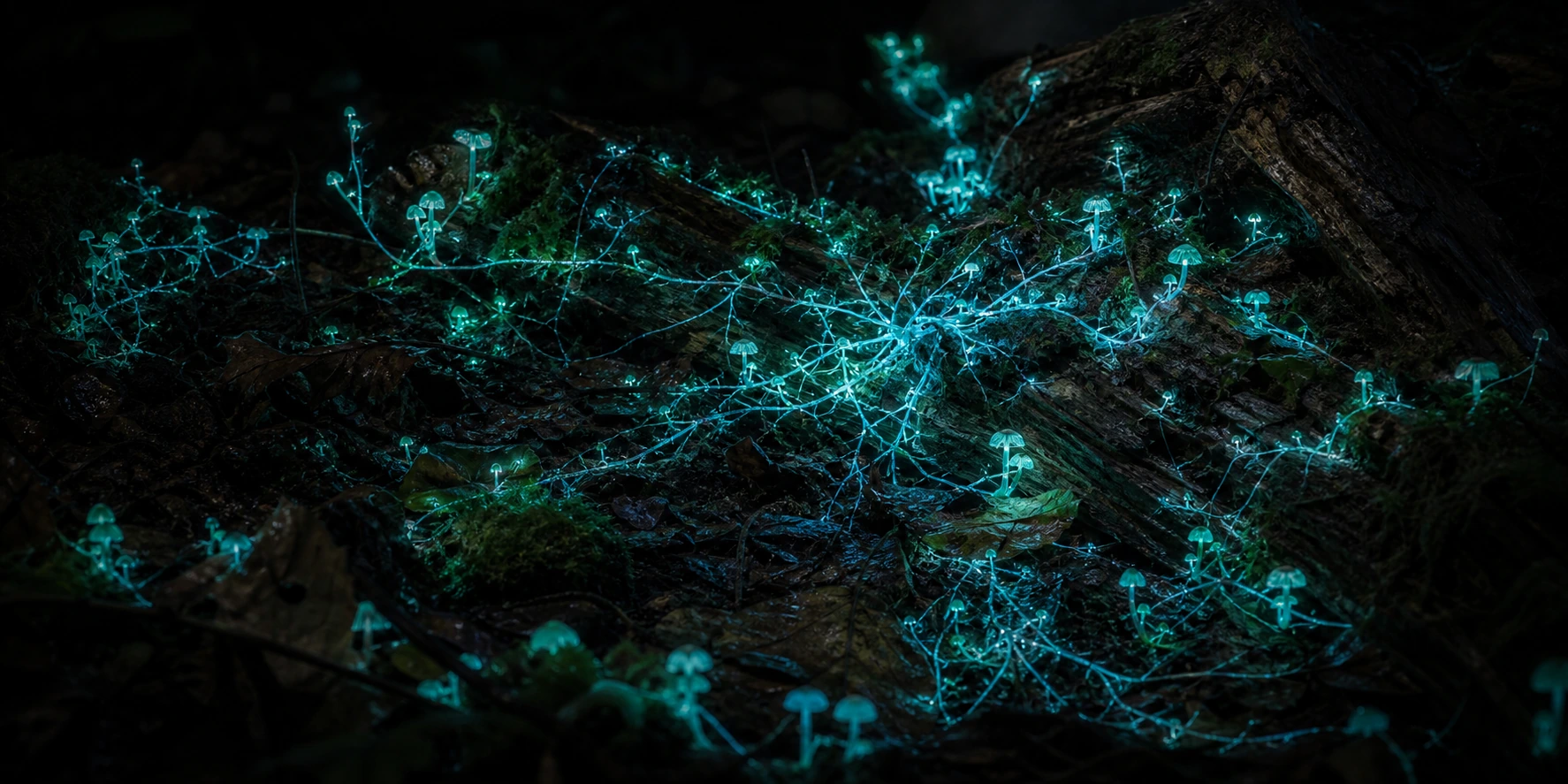 Bioluminescent mycelial network across a dark forest floor, representing Meta AI search embedded in social platforms