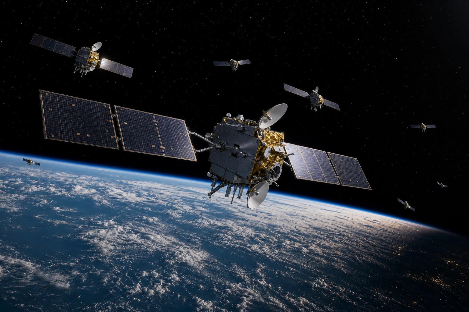 Multiple military satellites in Earth orbit cross-verifying sensor data, representing how AI models select sources
