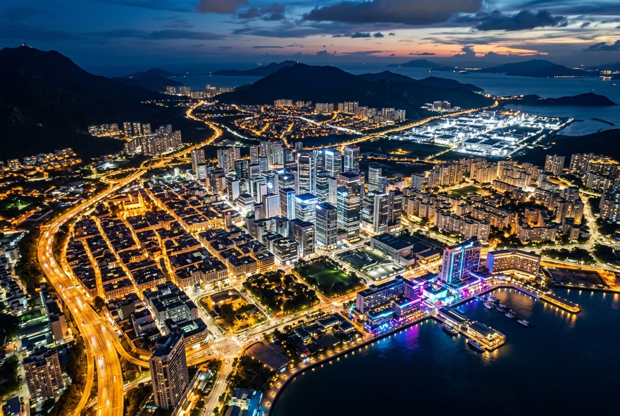 How Do You Build Multi-Zone 3D Environments with Three.js Aerial photograph of illuminated city districts at twilight representing multi-zone 3D environment architecture in Three.js