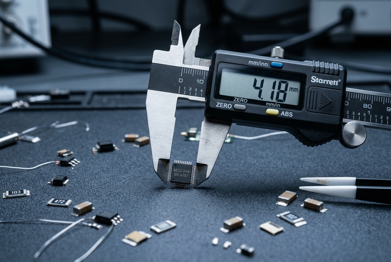 How Do You Optimize Three.js Performance for Mobile Devices Precision digital caliper measuring a microchip on dark anti-static mat representing the precise optimization required to achieve 60fps Three.js performance on mobile GPU hardware