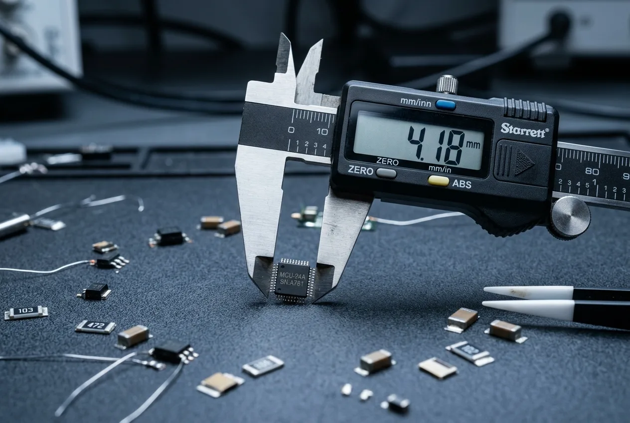 Precision digital caliper measuring a microchip on dark anti-static mat representing the precise optimization required to achieve 60fps Three.js performance on mobile GPU hardware