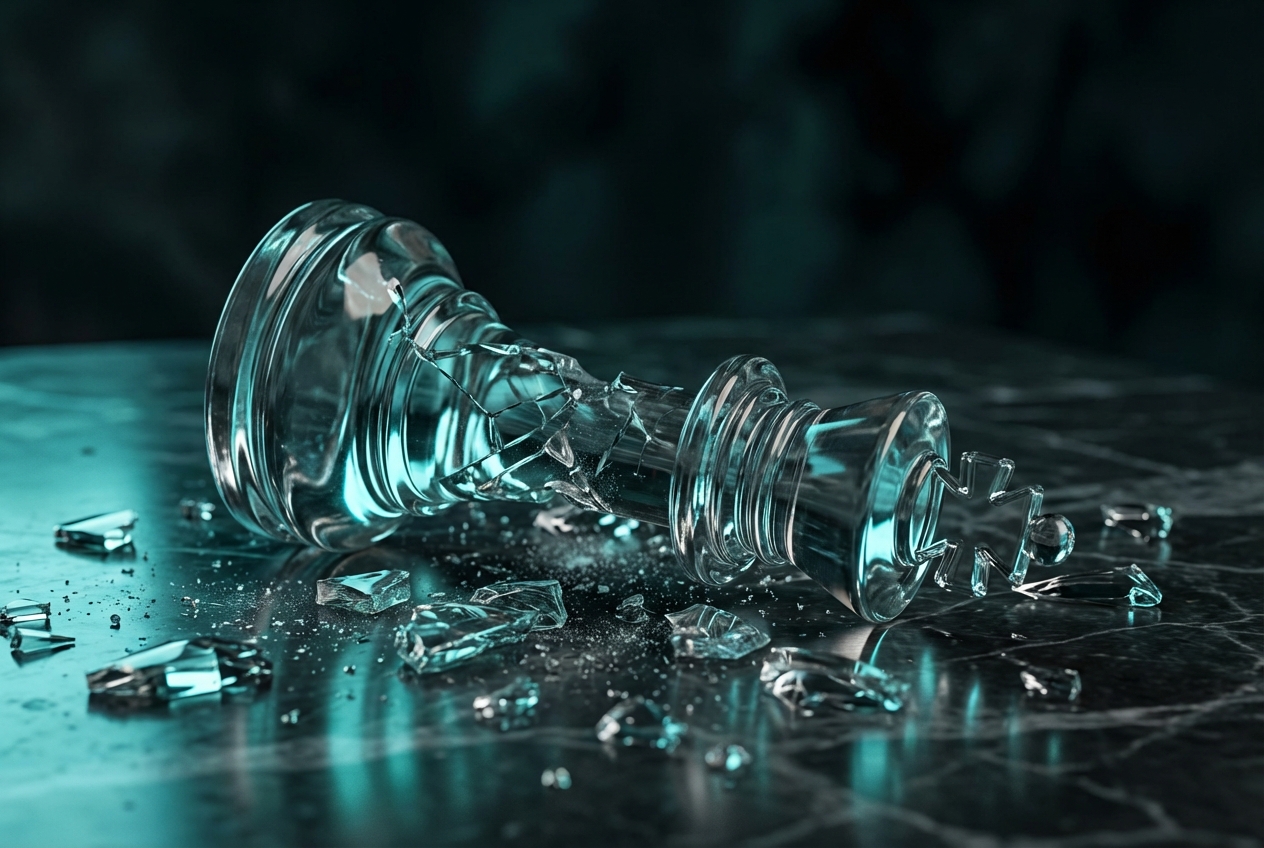 Why Most Organizations Deserve to Be Disrupted Massive glass chess king piece shattered on dark polished marble floor with teal and cyan reflections in the glass fragments representing organizational vulnerability to disruption