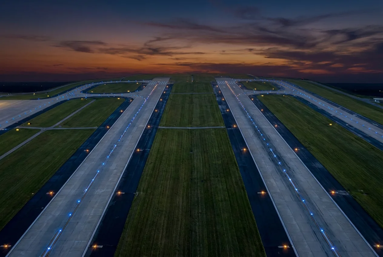 Two parallel airport runways at dusk with blue taxiway lights and amber runway edge lights representing dual-track disruption strategy execution