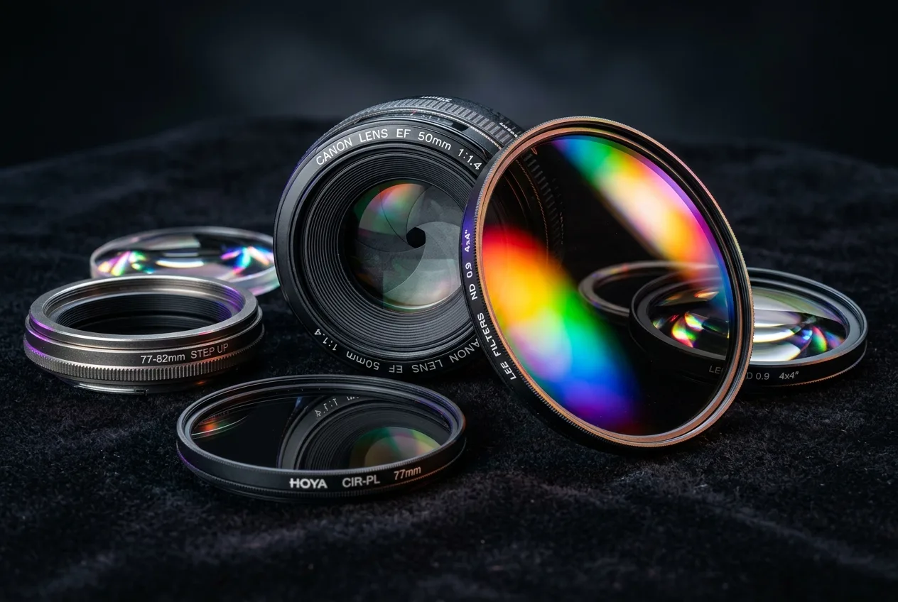 Close-up of camera lenses and glass filters arranged on black felt catching colorful light reflections representing post-processing effects that transform WebGL scenes into cinematic immersive web experiences