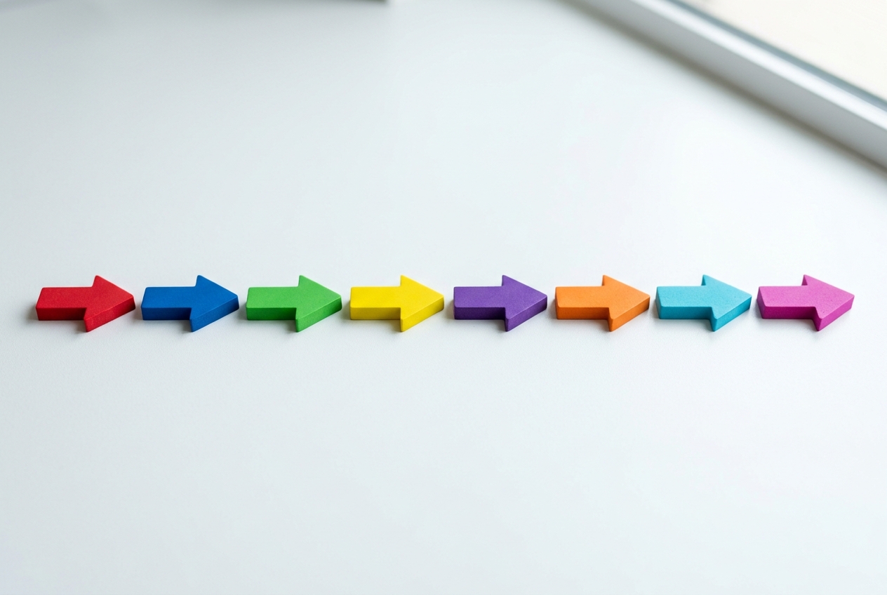 What Is Prompt-Aligned Content and Why Does It Drive AI Citations? Precise row of colorful arrows all perfectly aligned and pointing in the same direction on a bright white surface representing prompt-aligned content for AI citations