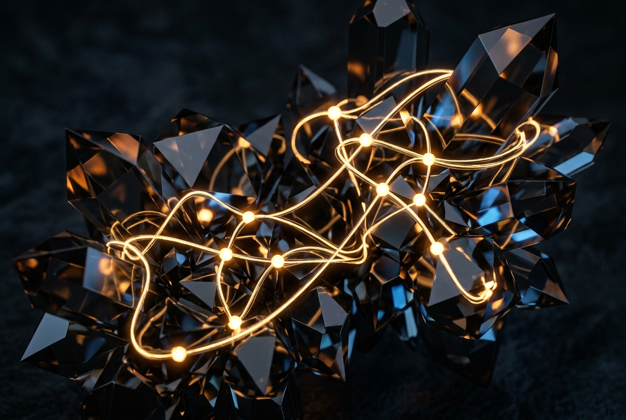 How Do Scroll-Driven Websites Create Deeper Brand Connections Glowing golden thread weaving through dark crystalline geometric shapes connecting luminous nodes representing how scroll-driven websites create deeper brand connections through immersive 3D spatial navigation and environmental encoding