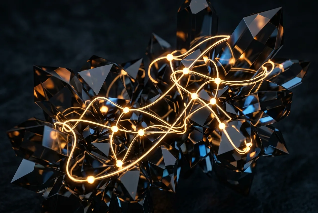 Glowing golden thread weaving through dark crystalline geometric shapes connecting luminous nodes representing how scroll-driven websites create deeper brand connections through immersive 3D spatial navigation and environmental encoding