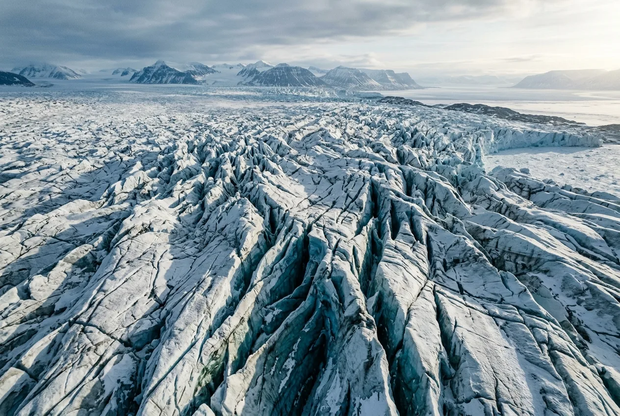 Cracked glacier surface with deep blue crevasses revealing layered ice formations underneath pale arctic light representing the gap between surface-level security audits and deep structural vulnerabilities