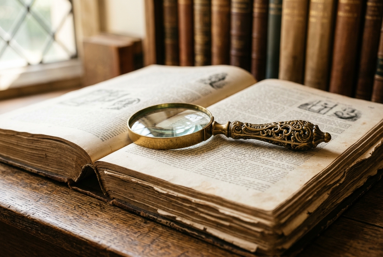 What Is the Role of Semantic Search in AI-Powered Engines? Antique magnifying glass with brass frame resting on layered pages of an aged encyclopedia in warm natural window light representing semantic search revealing meaning within content
