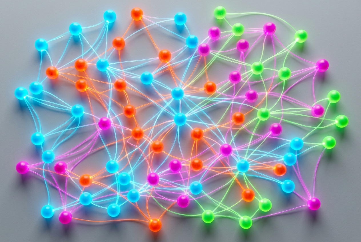 How Do You Build an SEO-Optimized Site Architecture? Colorful interconnected network of glowing nodes and pathways on a bright surface representing an SEO-optimized site architecture with hub-and-spoke structure