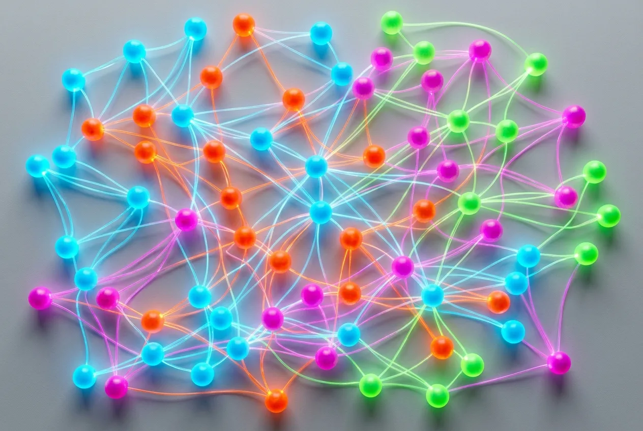 Colorful interconnected network of glowing nodes and pathways on a bright surface representing an SEO-optimized site architecture with hub-and-spoke structure