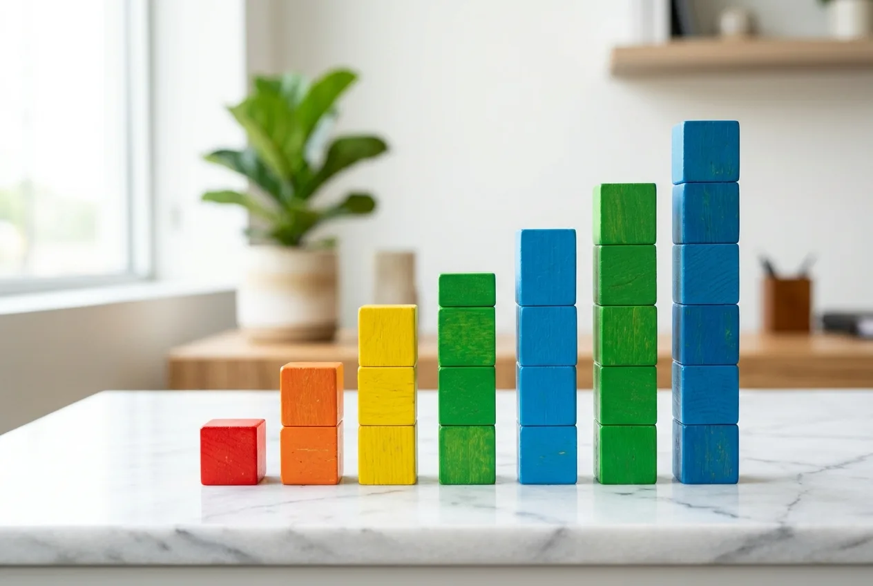 Colorful ascending bar chart made of vibrant stacked wooden blocks in red orange yellow green and blue on a clean white marble desk representing SEO ranking factors in 2026
