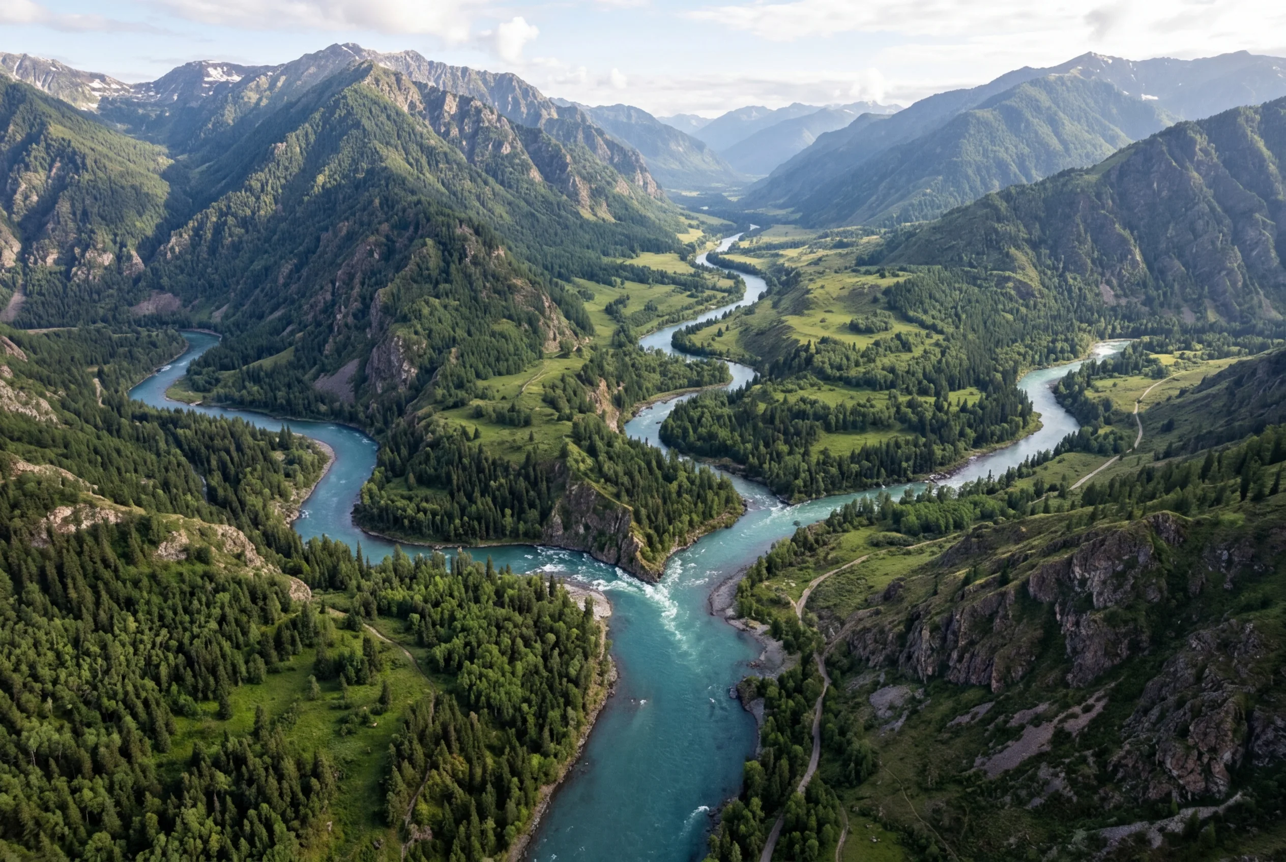 Two parallel paths through a dense forest diverging at a fork with morning light filtering through the canopy representing the SEO and AEO service divide
