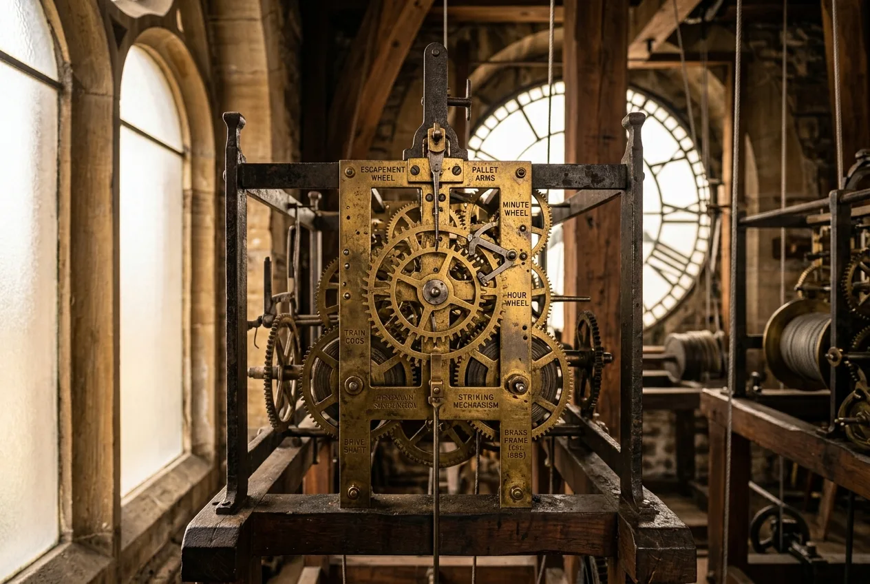 Exposed clock tower mechanism with brass gears and escapement wheels — structuring service pages for maximum AI visibility