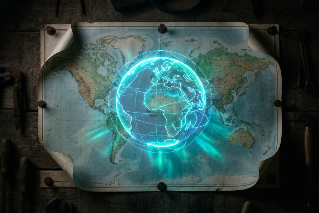 Is the Static Website Dead? Why Flat Design Is Now a Competitive Liability Faded flat paper map on a wall with a vivid three-dimensional holographic globe floating above it casting cyan light representing why static flat web design is now a competitive liability compared to immersive 3D experiences