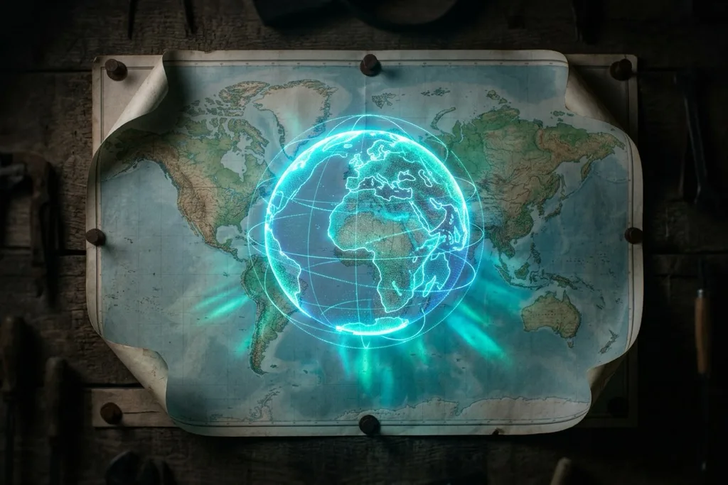 Faded flat paper map on a wall with a vivid three-dimensional holographic globe floating above it casting cyan light representing why static flat web design is now a competitive liability compared to immersive 3D experiences