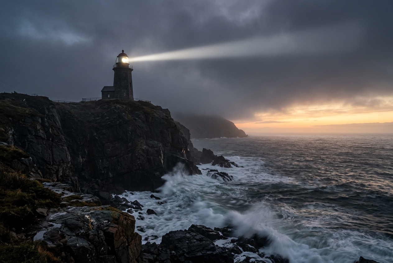 How to Run a Technical SEO Audit in Under 60 Minutes Dramatic lighthouse beam cutting through thick coastal fog at dawn over dark rocky cliffs with crashing ocean waves below representing systematic site scanning and issue discovery
