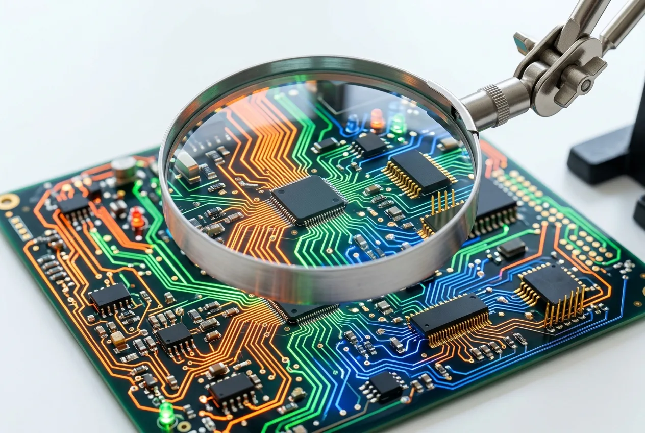 Magnifying glass hovering over a colorful circuit board with vivid orange green and blue traces glowing against a clean white surface representing a systematic technical SEO audit
