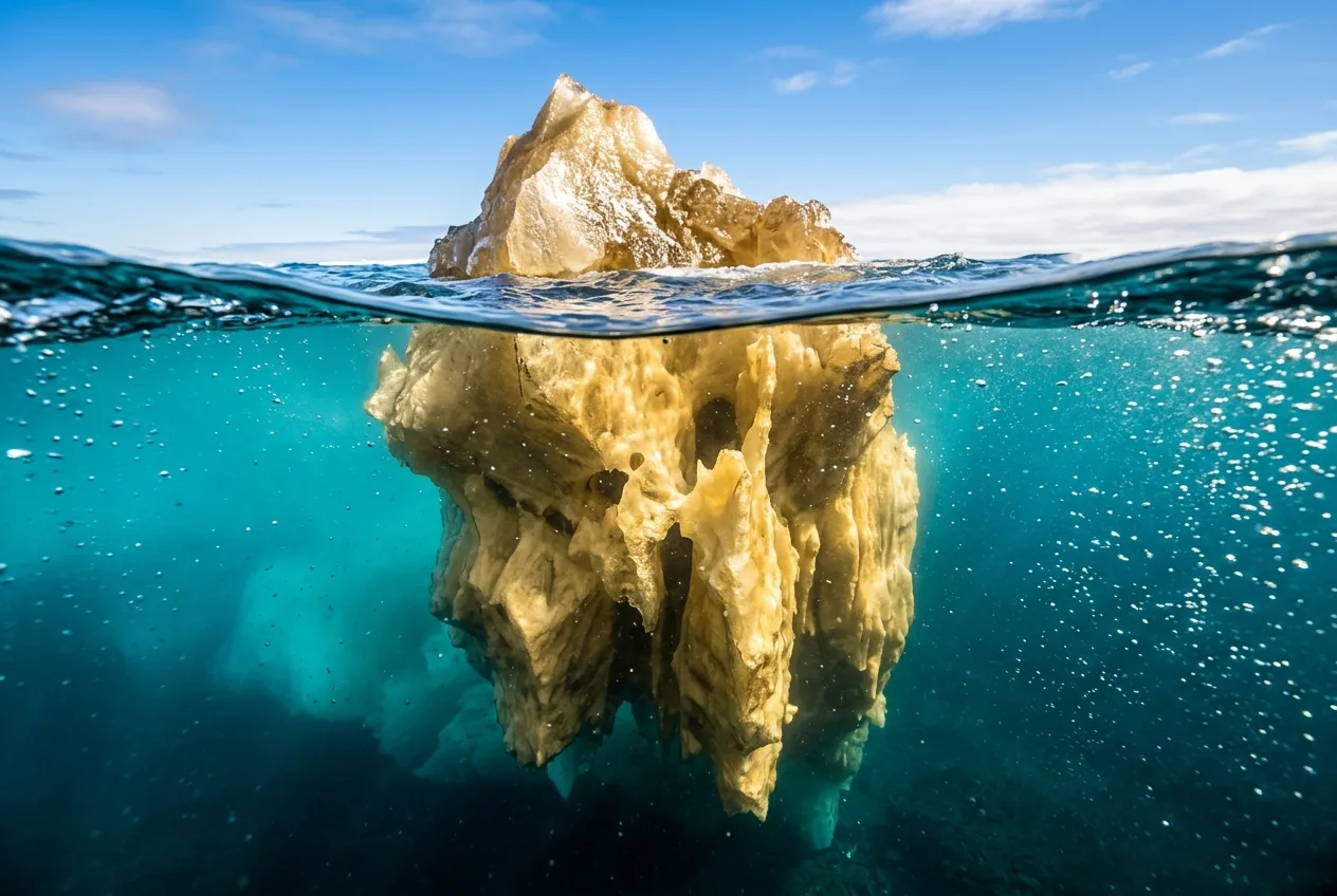 Massive golden iceberg with only the tip visible above brilliant turquoise ocean water revealing the vast submerged structure representing the hidden value of technical SEO