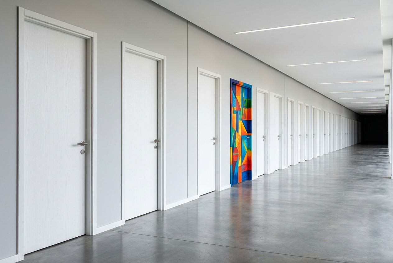 Is the Template Economy Destroying Brand Identity on the Web? Row of identical white doors stretching to infinity with one vivid colored door standing out representing how the template economy destroys brand identity on the web