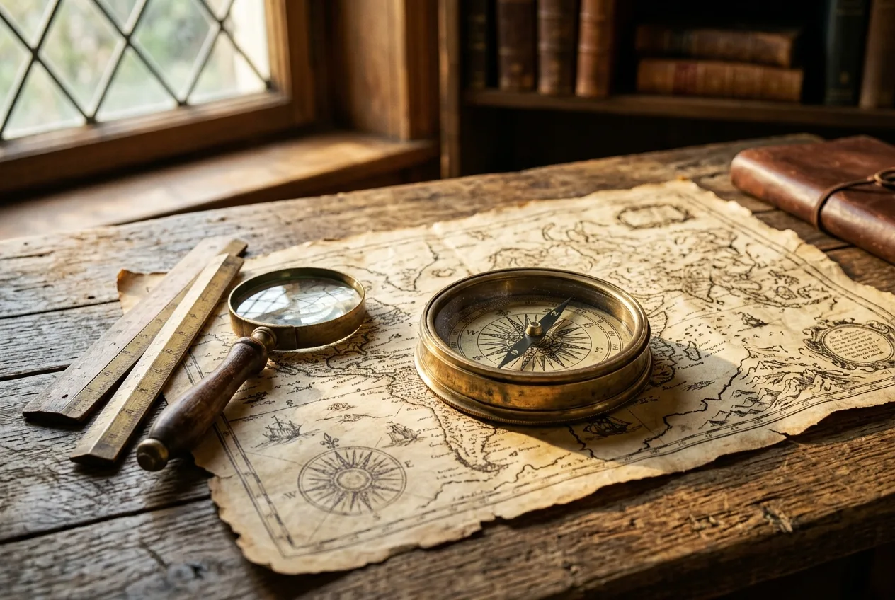 Antique brass compass and aged parchment map with wooden rulers on a weathered desk in warm side lighting representing strategic topical authority mapping for AI search