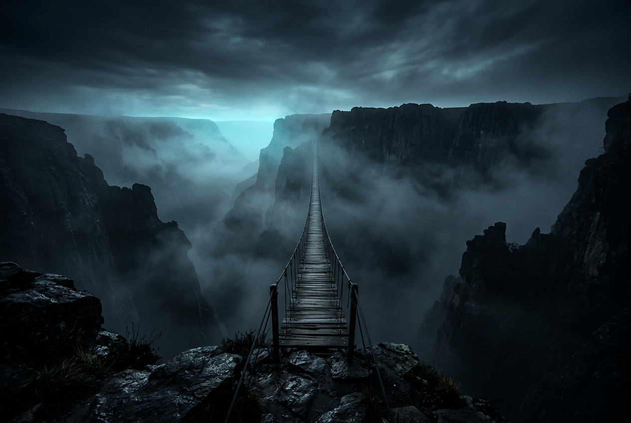 Why Can Most Web Agencies Not Deliver Immersive 3D Experiences? Narrow engineered footbridge spanning a dark canyon with cyan light on the far side representing the structural capability gap preventing most web agencies from delivering immersive 3D experiences