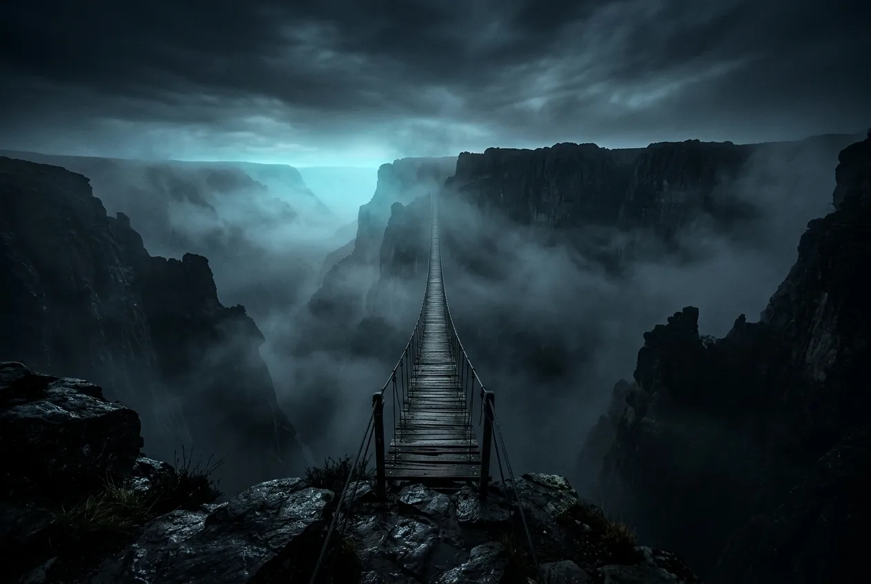 Narrow engineered footbridge spanning a dark canyon with cyan light on the far side representing the structural capability gap preventing most web agencies from delivering immersive 3D experiences