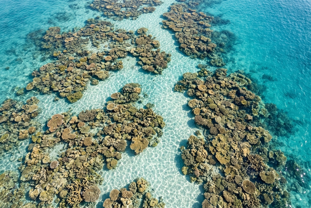 What Does a Website Health Audit Actually Measure? Aerial view of a vibrant coral reef ecosystem in crystal clear turquoise ocean water showing healthy coral formations and sandy channels with natural sunlight penetrating the surface representing diagnostic health assessment