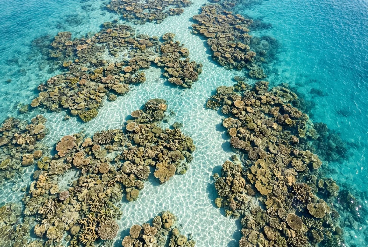Aerial view of a vibrant coral reef ecosystem in crystal clear turquoise ocean water showing healthy coral formations and sandy channels with natural sunlight penetrating the surface representing diagnostic health assessment