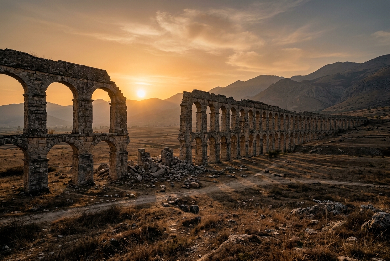 Who Is Actually Responsible When a Website Fails? Massive ancient stone aqueduct stretching across a barren valley at dusk with crumbling sections and missing arches golden hour light casting long shadows across weathered stone representing organizational accountability gaps in website ownership
