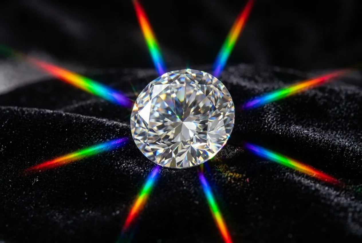 Large cut diamond refracting rainbow light beams onto dark velvet representing how WebGL refracts GPU rendering power into browser-native immersive 3D web experiences