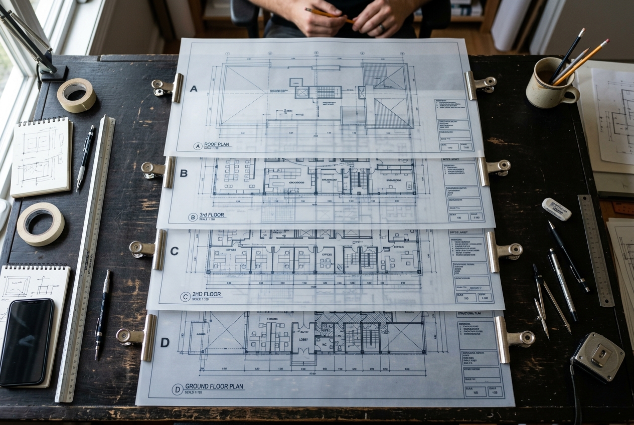 How Do You Implement Zone-Based Asset Management in Three.js Overhead view of architect workspace with layered transparent blueprint sheets representing zone-based asset management architecture in Three.js scroll-driven 3D web experiences