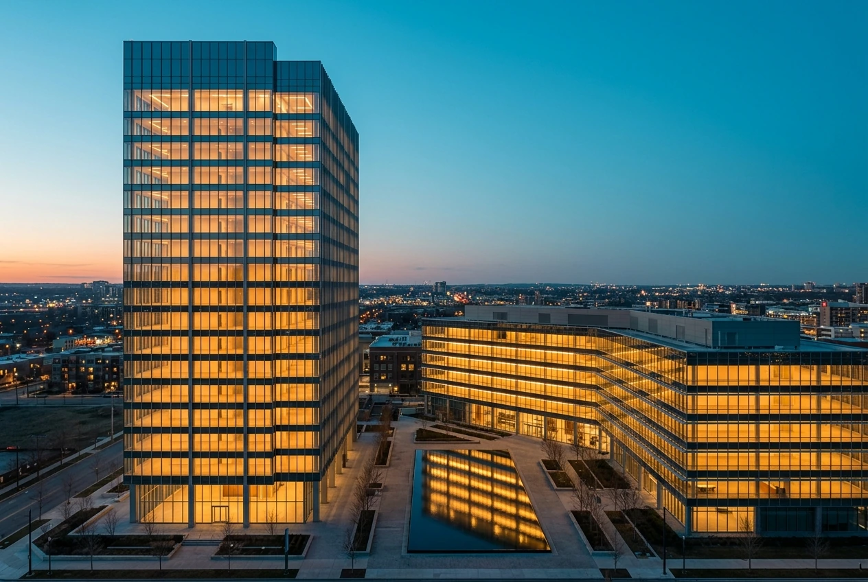Two glass-walled corporate towers at twilight — hire an AEO agency or build in-house team tier decision 2026