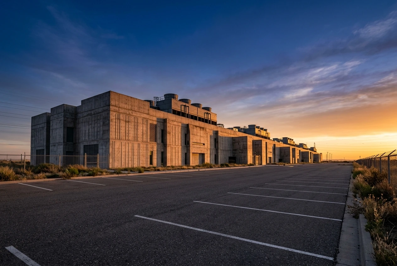 Brutalist concrete data center exterior at dawn — agent-ready website enterprise audit framework 2026
