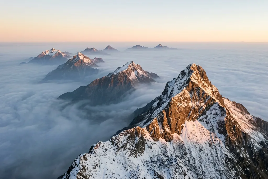 How Do You Choose the Right AEO Agency in 2026? Seven mountain peaks emerging from morning fog at sunrise — choose the right AEO agency evaluation