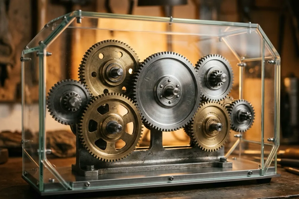 What Should a Complete AEO Strategy Actually Include? Seven interlocking gears inside a glass mechanism backlit by amber light — complete AEO strategy components working together