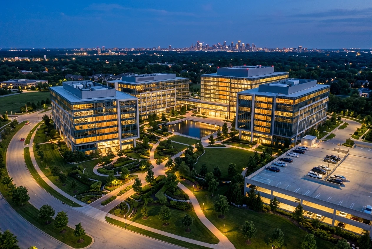 Aerial photograph of a modern enterprise corporate campus at twilight — Gmail Workspace Intelligence enterprise AEO