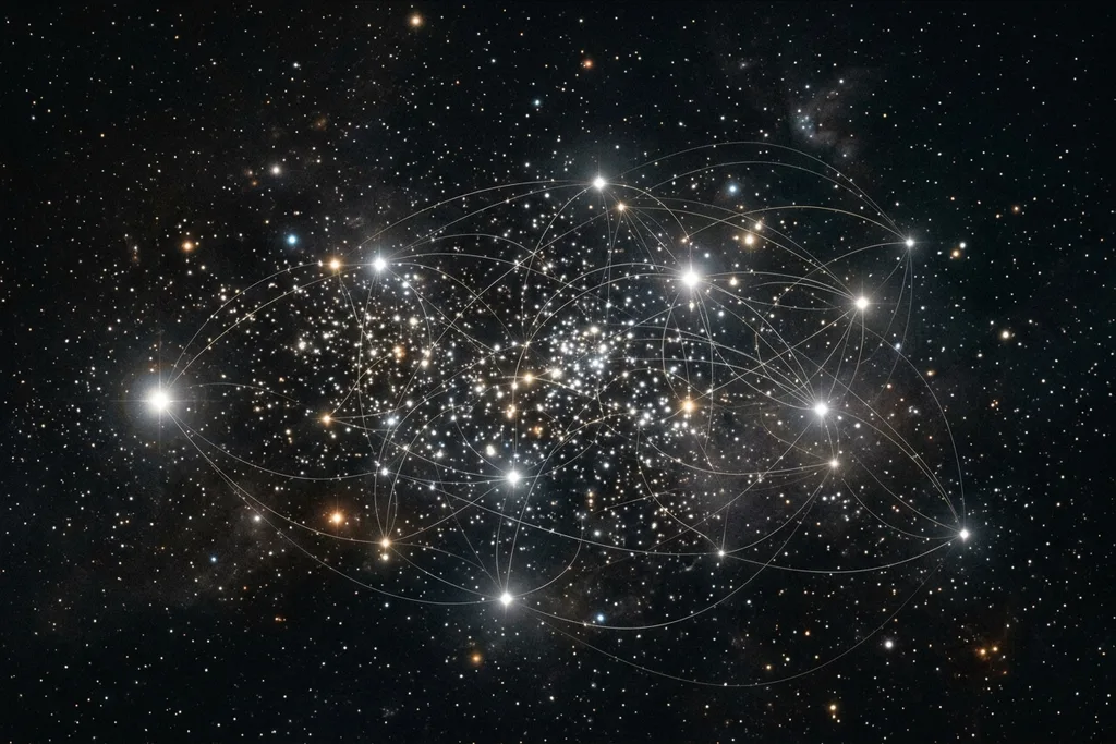 Dense star cluster in deep space with orbital trajectory lines connecting bright stars — knowledge graph entity