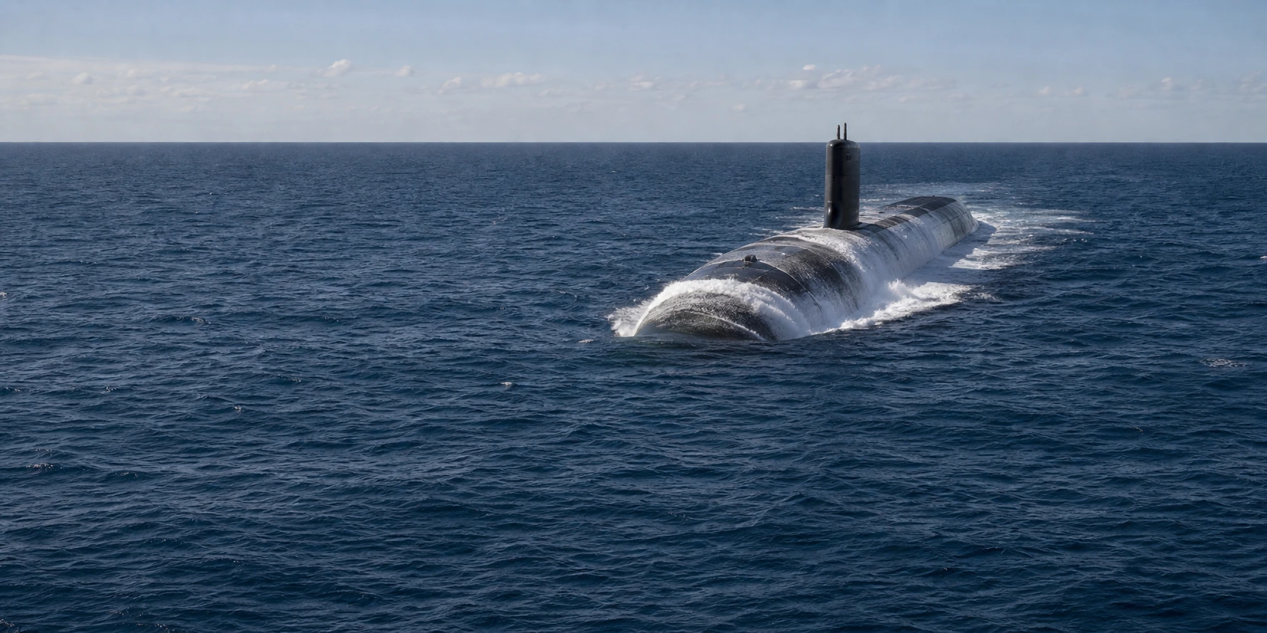 Nuclear submarine surfacing through ocean, its layered hull evoking the trust signals AI models use to rank authority
