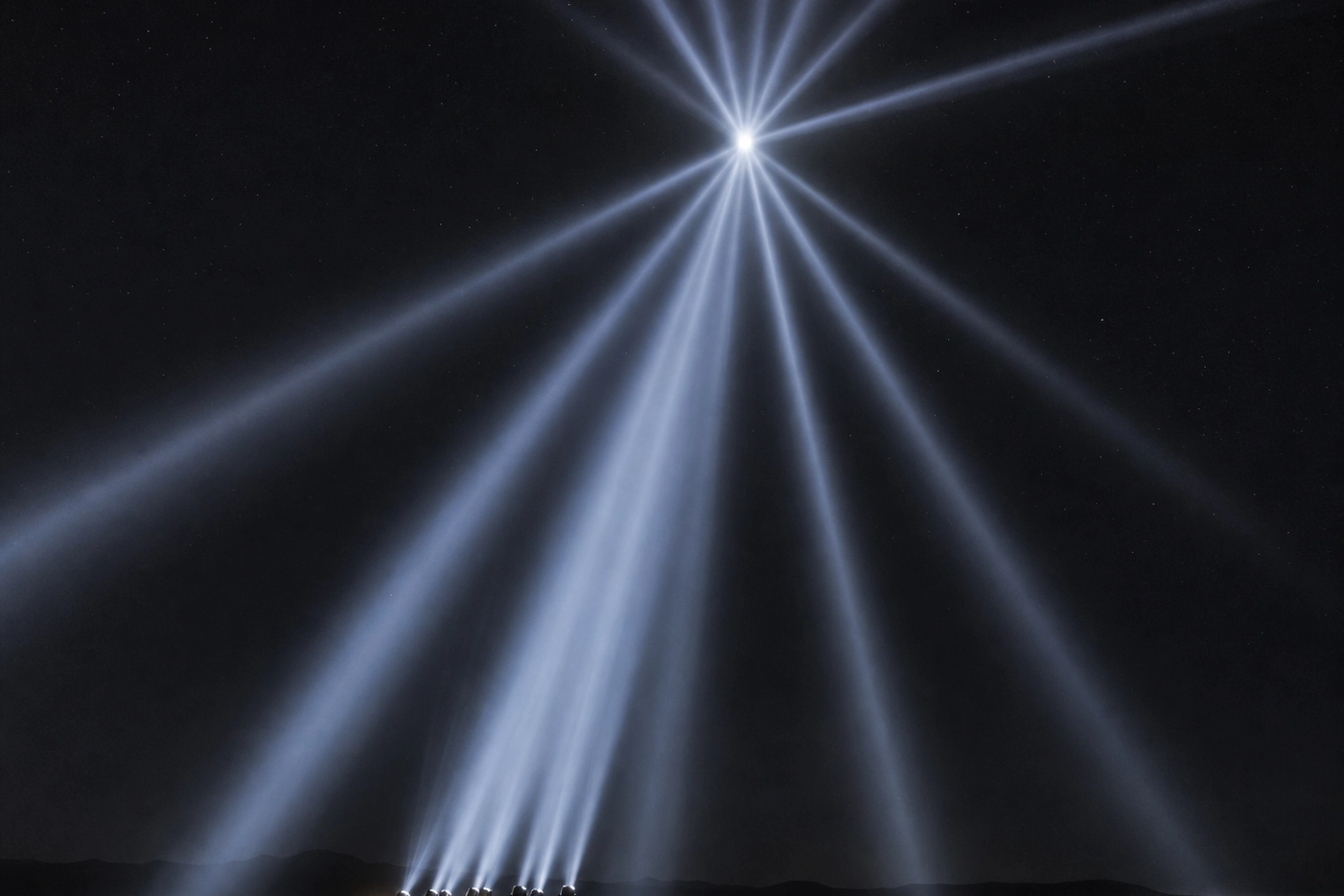 Searchlight beams converging on one point, an image of how AI misrepresents a brand built from scattered signals