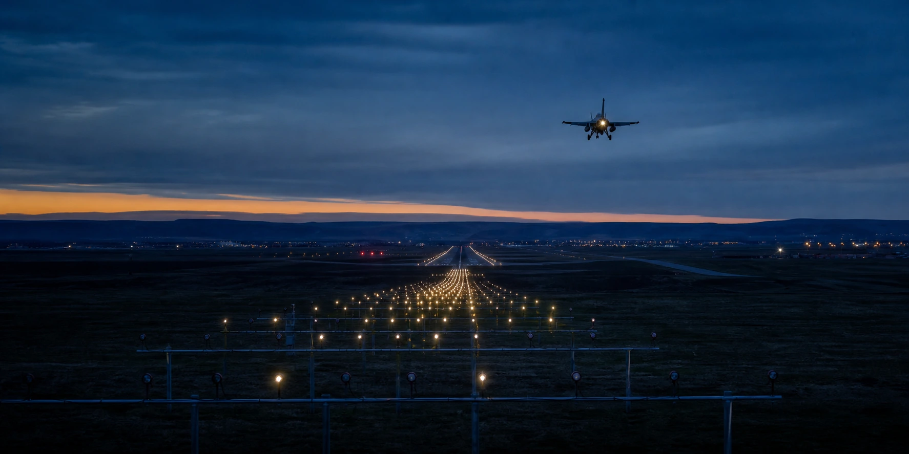 Approach lights guiding a jet to a runway threshold at dusk, like the split-second judgment a visitor makes